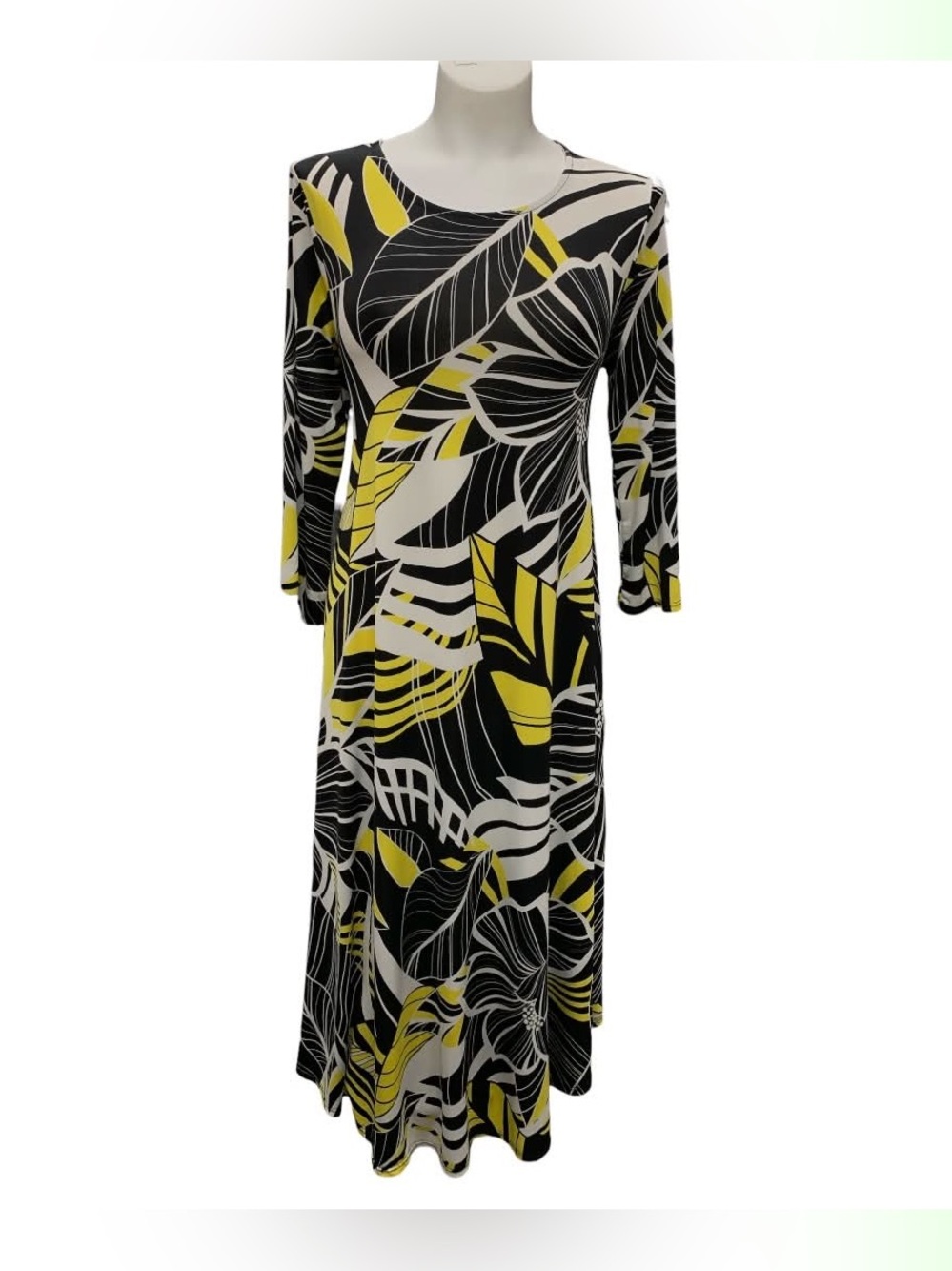 Love Kuza Black, White & Yellow Leaf-Print Long Sleeve Midi Dress Size S